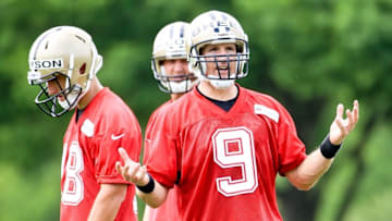 Jun 14, 2016; New Orleans, LA, USA; New Orleans Saints quarterback Drew Brees (9) during the first day of minicamp sessions at the New Orleans Saints Training Facility. Mandatory Credit: Derick E. Hingle-USA TODAY Sports