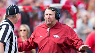 FAYETTEVILLE, AR - NOVEMBER 5: Head Coach Bret Bielema of the Arkansas Razorback talks with a official during a game against the Florida Gators at Razorback Stadium on November 5, 2016 in Fayetteville, Arkansas. The Razorbacks defeated the Gators 31-10. (Photo by Wesley Hitt/Getty Images)