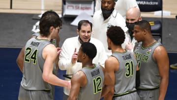 MORGANTOWN, WV - MARCH 02: Head coach Scott Drew of the Baylor Bears talks to his players during a time out of during a college basketball game against the West Virginia Mountaineers at WVU Coliseum on March 2, 2021 in Morgantown, West Virginia. (Photo by Mitchell Layton/Getty Images)