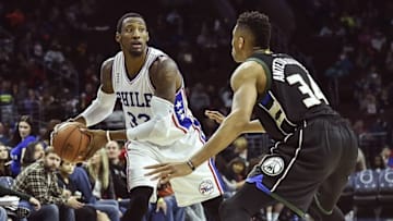 Apr 10, 2016; Philadelphia, PA, USA; Philadelphia 76ers forward Robert Covington (33) looks to pass during the third quarter of the game against the Milwaukee Bucks at the Wells Fargo Center. The Milwaukee Bucks won 109-108 in OT. Mandatory Credit: John Geliebter-USA TODAY Sports