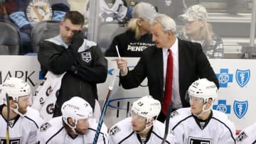 NHL Power Rankings: Los Angeles Kings head coach Darryl Sutter (rear right) gestures on the bench against the Pittsburgh Penguins in overtime at the PPG PAINTS Arena. The Kings won 1-0 in overtime. Mandatory Credit: Charles LeClaire-USA TODAY Sports