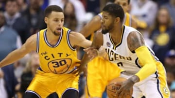 Dec 8, 2015; Indianapolis, IN, USA; Indiana Pacers forward Paul George (13) is guarded by Golden State Warriors guard Stephen Curry (30) at Bankers Life Fieldhouse. Golden State defeats Indiana 131-123. Mandatory Credit: Brian Spurlock-USA TODAY Sports