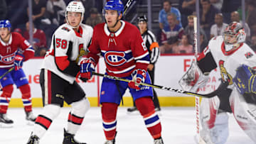 LAVAL, QC - SEPTEMBER 07: Montreal Canadiens Prospect Left Wing Joel Teasdale (86) stands beside Ottawa Senators Prospect Defenseman Maxime Lajoie (58) during the Ottawa Senators versus the Montreal Canadiens Rookie Showdown game on September 7, 2018, at Place Bell in Laval, QC (Photo by David Kirouac/Icon Sportswire via Getty Images)