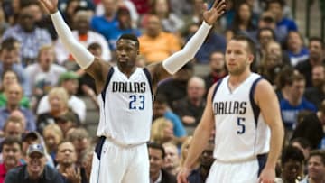 Mar 30, 2016; Dallas, TX, USA; Dallas Mavericks guard Wesley Matthews (23) reacts to a foul call during the first half against the New York Knicks at the American Airlines Center. Mandatory Credit: Jerome Miron-USA TODAY Sports