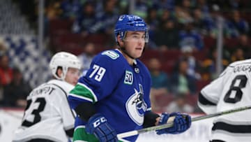 VANCOUVER, BC - OCTOBER 09: Michael Ferland #79 of the Vancouver Canucks skates against the Los Angeles Kings at Rogers Arena on October 9, 2019 in Vancouver, Canada. (Photo by Ben Nelms/Getty Images)