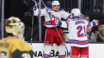 LAS VEGAS, NEVADA - DECEMBER 07: Filip Chytil #72 and Barclay Goodrow #21 of the New York Rangers celebrate after Goodrow assisted Chytil on a third-period goal against Logan Thompson #36 of the Vegas Golden Knights during their game at T-Mobile Arena on December 07, 2022 in Las Vegas, Nevada. (Photo by Ethan Miller/Getty Images)