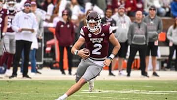 Nov 19, 2022; Starkville, Mississippi, USA; Mississippi State Bulldogs quarterback Will Rogers (2) runs the ball against the East Tennessee State Buccaneers during the second quarter at Davis Wade Stadium at Scott Field. Mandatory Credit: Matt Bush-USA TODAY Sports