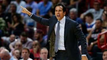 MIAMI, FL - NOVEMBER 12: Head coach Erik Spoelstra of the Miami Heat reacts against the Philadelphia 76ers during the first half at American Airlines Arena on November 12, 2018 in Miami, Florida. NOTE TO USER: User expressly acknowledges and agrees that, by downloading and or using this photograph, User is consenting to the terms and conditions of the Getty Images License Agreement. (Photo by Michael Reaves/Getty Images)