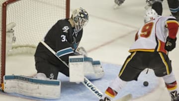 Nov 3, 2016; San Jose, CA, USA; Calgary Flames left wing Matthew Tkachuk (19) scores a goal against San Jose Sharks goalie Martin Jones (31) during the third period at SAP Center at San Jose the Calgary Flames defeated the San Jose Sharks 3 to 2. Mandatory Credit: Neville E. Guard-USA TODAY Sports