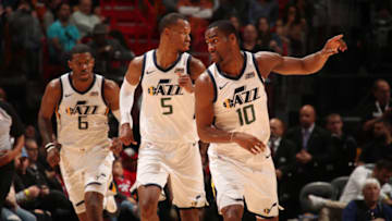MIAMI, FL - JANUARY 7: The Utah Jazz celebrates during the game against the Miami Heat on January 7, 2018 at American Airlines Arena in Miami, Florida. NOTE TO USER: User expressly acknowledges and agrees that, by downloading and or using this photograph, user is consenting to the terms and conditions of the Getty Images License Agreement. Mandatory Copyright Notice: Copyright 2018 NBAE (Photo by Issac Baldizon/NBAE via Getty Images)
