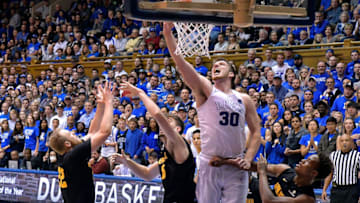 DURHAM, NC - NOVEMBER 26: Antonio Vrankovic #30 of the Duke Blue Devils tips in a rebound against against the Appalachian State Mountaineers during the game at Cameron Indoor Stadium on November 26, 2016 in Durham, North Carolina. (Photo by Grant Halverson/Getty Images)