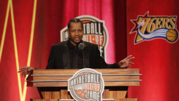 Sep 09, 2016; Springfield, MA, USA; Allen Iverson speaks at the Springfield Symphony Hall during the 2016 Naismith Memorial Basketball Hall of Fame Enshrinement Ceremony. Mandatory Credit: David Butler II-USA TODAY Sports