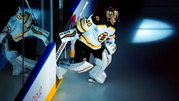 TORONTO, ONTARIO - AUGUST 09: Tuukka Rask #40 of the Boston Bruins takes the ice prior to an Eastern Conference Round Robin game against the Washington Capitals during the 2020 NHL Stanley Cup Playoffs at Scotiabank Arena on August 09, 2020 in Toronto, Ontario, Canada. (Photo by Andre Ringuette/Freestyle Photo/Getty Images)