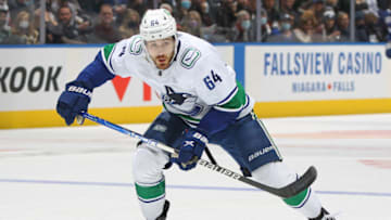TORONTO, ON - MARCH 5: Tyler Motte #64 of the Vancouver Canucks skates against the Toronto Maple Leafs during an NHL game at Scotiabank Arena on March 5, 2022 in Toronto, Ontario, Canada. The Canucks defeated the Maple Leafs 6-4. (Photo by Claus Andersen/Getty Images)