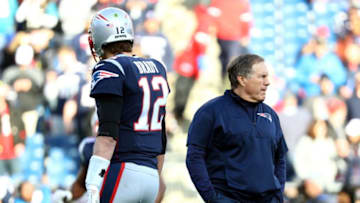 FOXBOROUGH, MA - JANUARY 21: Tom Brady #12 of the New England Patriots and head coach Bill Belichick look on during warm ups before the AFC Championship Game against the Jacksonville Jaguars at Gillette Stadium on January 21, 2018 in Foxborough, Massachusetts. (Photo by Maddie Meyer/Getty Images)