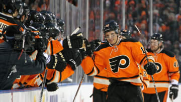 PHILADELPHIA, PA - JANUARY 02: Brayden Schenn #10 of the Philadelphia Flyers celebrates his first NHL goal against the New York Rangers during the 2012 Bridgestone NHL Winter Classic on January 2, 2012 at Citizens Bank Park in Philadelphia, Pennsylvania. (Photo by Len Redkoles/NHLI via Getty Images)