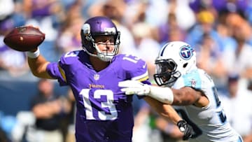Sep 11, 2016; Nashville, TN, USA; Minnesota Vikings quarterback Shaun Hill (13) passes the ball with defensive pressure from Tennessee Titans linebacker Wesley Woodyard (59) during the second half at Nissan Stadium. Mandatory Credit: Christopher Hanewinckel-USA TODAY Sports