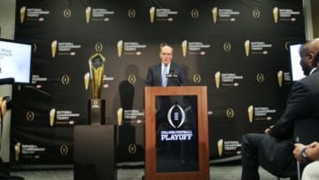 Jul 14, 2014; Irving, TX, USA; College football playoff executive director Bill Hancock speaks to the media at a press conference to unveil the new championship trophy at the college football playoff headquarters. Mandatory Credit: Kevin Jairaj-USA TODAY Sports
