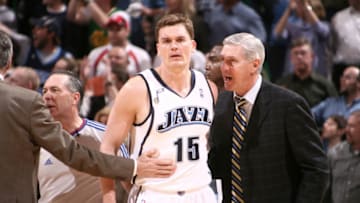 SALT LAKE CITY, UT - FEBRUARY 23: Matt Harpring #15 of the Utah Jazz reacts to the hard foul as Coach Jerry Sloan talks him back to the bench, as the Jazz take on the Atlanta Hawks at EnergySolutions Arena on February 23, 2009 in Salt Lake City, Utah. Copyright 2009 NBAE (Photo by Melissa Majchrzak/NBAE/Getty Images)