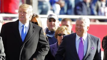 FOXBORO, MA - JANUARY 07: (L-R) Donald Trump and owner of the New England Patriots Robert Kraft stand on the sidelines before the AFC Wild Card Playoff Game against the New York Jets at Gillette Stadium on January 7, 2007 in Foxboro, Massachusetts. (Photo by Jim McIsaac/Getty Images)