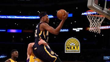 Jan 20, 2017; Los Angeles, CA, USA; Indiana Pacers center Myles Turner (33) dunks the ball against Los Angeles Lakers center Timofey Mozgov (20) during the second quarter at Staples Center. Mandatory Credit: Richard Mackson-USA TODAY Sports