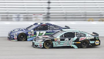 Apr 23, 2016; Richmond, VA, USA; Sprint Cup Series driver Ricky Stenhouse Jr. (17) and driver Chase Elliott (24) during practice for the Toyota Owners 400 at Richmond International Raceway. Mandatory Credit: Amber Searls-USA TODAY Sports