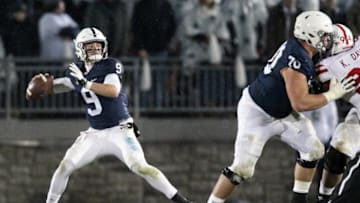 Nov 18, 2017; University Park, PA, USA; Penn State Nittany Lions quarterback Trace McSorley (9) throws a pass during the third quarter against the Nebraska Cornhuskers at Beaver Stadium. Penn State defeated Nebraska 56-44. Mandatory Credit: Matthew O'Haren-USA TODAY Sports