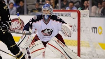 Apr 25, 2013; Dallas, TX, USA; Columbus Blue Jackets goalie Sergei Bobrovsky (72) faces the Dallas Stars attack during the game at the American Airlines Center. The Blue Jackets defeated the Stars 3-1. Mandatory Credit: Jerome Miron-USA TODAY Sports