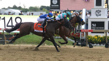 May 20, 2023; Baltimore, Maryland, USA; National Treasure with John R. Velazquez up (1) defeats Blazing Sevens with Irad Ortiz, Jr. up (7) to win the 148th running of the Preakness Stakes at Pimlico Race Course. Mandatory Credit: Tommy Gilligan-USA TODAY Sports