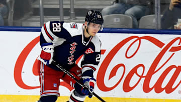TORONTO, ON - OCTOBER 20: Lias Andersson #28 of the Hartford Wolf Pack controls the puck against the Toronto Marlies during AHL game action on October 20, 2018 at Coca-Cola Coliseum in Toronto, Ontario, Canada. (Photo by Graig Abel/Getty Images)