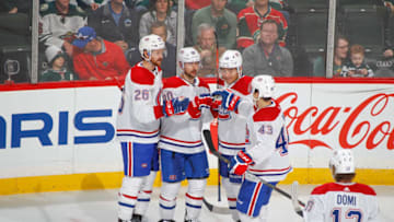 SAINT PAUL, MN - OCTOBER 20: Jeff Petry #26, Tomas Tatar #90, Nick Suzuki#14 and Jordan Weal #43 of the Montreal Canadiens celebrate after scoring a goal against the Minnesota Wild during the game at the Xcel Energy Center on October 20, 2019 in Saint Paul, Minnesota. (Photo by Bruce Kluckhohn/NHLI via Getty Images)