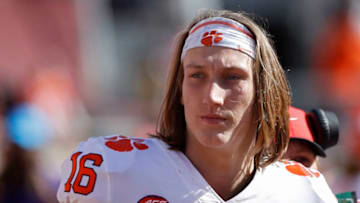 TALLAHASSEE, FL - OCTOBER 27: Trevor Lawrence #16 of the Clemson Tigers looks on after coming out of the game in the third quarter against the Florida State Seminoles at Doak Campbell Stadium on October 27, 2018 in Tallahassee, Florida. Clemson won 59-10. (Photo by Joe Robbins/Getty Images)