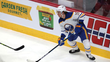 Feb 13, 2022; Montreal, Quebec, CAN;Buffalo Sabres center John Hayden (15) plays the puck behind Montreal Canadiens goaltender Sam Montembeault (not pictured) net during the first period at Bell Centre. Mandatory Credit: Jean-Yves Ahern-USA TODAY Sports