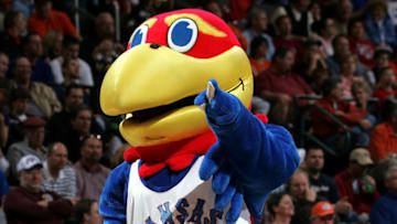 OKLAHOMA CITY - MARCH 18: The Kansas Jayhawks mascot points in the first half of the game against the Bucknell Bison in the first round of the NCAA Men's Basketball Championship on March 18, 2005 at the Ford Center in Oklahoma City, Oklahoma. (Photo by Ronald Martinez/Getty Images)