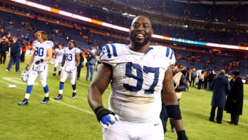 Jan 11, 2015; Denver, CO, USA; Indianapolis Colts defensive end Arthur Jones (97) against the Denver Broncos in the 2014 AFC Divisional playoff football game at Sports Authority Field at Mile High. The Colts defeated the Broncos 24-13. Mandatory Credit: Mark J. Rebilas-USA TODAY Sports