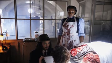 Gabriel Darku as Kenneth Rijkers and Lisa Berry as Dr. Melanda Israel in Slasher: Ripper (Season 5, Episode 2). Photo Credit: Cole Burston/Shudder