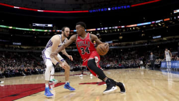 Chicago Bulls forward Wendell Carter Jr. (34) drives against Sacramento Kings center Kosta Koufos (41) during the first half at the United Center Monday Dec. 10, 2018, in Chicago. (Armando L. Sanchez/Chicago Tribune/TNS via Getty Images)