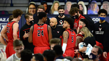 Dec 5, 2020; Tucson, Arizona, USA; Eastern Washington Eagles head coach Shantay Legans talks with players during the second half against the Arizona Wildcats at McKale Center. Mandatory Credit: Joe Camporeale-USA TODAY Sports