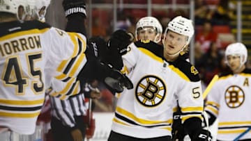 Sep 30, 2016; Detroit, MI, USA; Boston Bruins center Danton Heinen (58) receives congratulations from teammates after scoring in the third period against Detroit Red Wings during a preseason hockey game at Joe Louis Arena. Boston won 2-1 in overtime. Mandatory Credit: Rick Osentoski-USA TODAY Sports