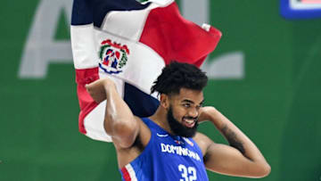 Dominican Republic's Karl-Anthony Towns celebrates victory after the FIBA Basketball World Cup group A match between Angola and Dominican Republic (Photo by SHERWIN VARDELEON/AFP via Getty Images)