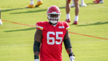 Aug 9, 2021; St. Joseph, MO, USA; Kansas City Chiefs offensive guard Trey Smith (65) runs drills during training camp at Missouri Western State University. Mandatory Credit: Denny Medley-USA TODAY Sports