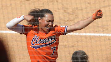Clemson's McKenzie Clark celebrates after her teammates connected for back-to-back home runs as Clemson faced Troy in the opening game of the Tuscaloosa Regional in Rhoads Stadium Friday, May 21, 2021. [Staff Photo/Gary Cosby Jr.]Tuscaloosa Regional Clemson Vs Troy