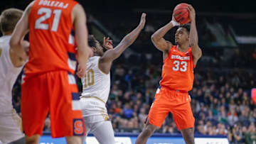 SOUTH BEND, IN - JANUARY 22: Elijah Hughes #33 of the Syracuse Orange shoots the ball during the game against the Notre Dame Fighting Irish at Purcell Pavilion on January 22, 2020 in South Bend, Indiana. (Photo by Michael Hickey/Getty Images)