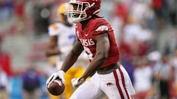 Nov 21, 2020; Fayetteville, Arkansas, USA; Arkansas Razorbacks wide receiver Mike Woods (8) celebrates after a catch in the third quarter against the LSU Tigers at Donald W. Reynolds Razorback Stadium. Mandatory Credit: Nelson Chenault-USA TODAY Sports