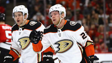 CHICAGO, ILLINOIS - JANUARY 11: Sam Steel #34 (L) and Ondrej Kase #25 of the Anaheim Ducks celebrate Kase's first period goal against the Chicago Blackhawks at the United Center on January 11, 2020 in Chicago, Illinois. (Photo by Jonathan Daniel/Getty Images)