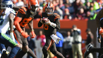 CLEVELAND, OH - OCTOBER 13, 2019: Quarterback Baker Mayfield #6 of the Cleveland Browns drops back to pass in the first quarter of a game against the Seattle Seahawks on October 13, 2019 at FirstEnergy Stadium in Cleveland, Ohio. Seattle won 32-28. (Photo by: 2019 Nick Cammett/Diamond Images via Getty Images)
