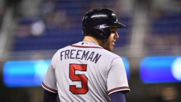 MIAMI, FL - MAY 12: Freddie Freeman #5 of the Atlanta Braves on third base in the eighth inning against the at Marlins Park on May 12, 2018 in Miami, Florida. (Photo by Mark Brown/Getty Images)