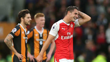 HULL, ENGLAND - SEPTEMBER 17: Granit Xhaka of Arsenal celebrates scoring his sides first goal during the Premier League match between Hull City and Arsenal at KCOM Stadium on September 17, 2016 in Hull, England. (Photo by Alex Morton/Getty Images)