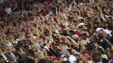 Oct 16, 2021; Norman, Oklahoma, USA; Oklahoma Sooners fans during the game against the TCU Horned Frogs at Gaylord Family-Oklahoma Memorial Stadium. Mandatory Credit: Kevin Jairaj-USA TODAY Sports
