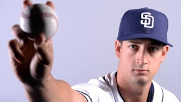 Feb 21, 2014; Peoria, AZ, USA; San Diego Padres starting pitcher Joe Wieland (43) poses for a photo during photo day at Peoria Sports Complex. Mandatory Credit: Joe Camporeale-USA TODAY Sports